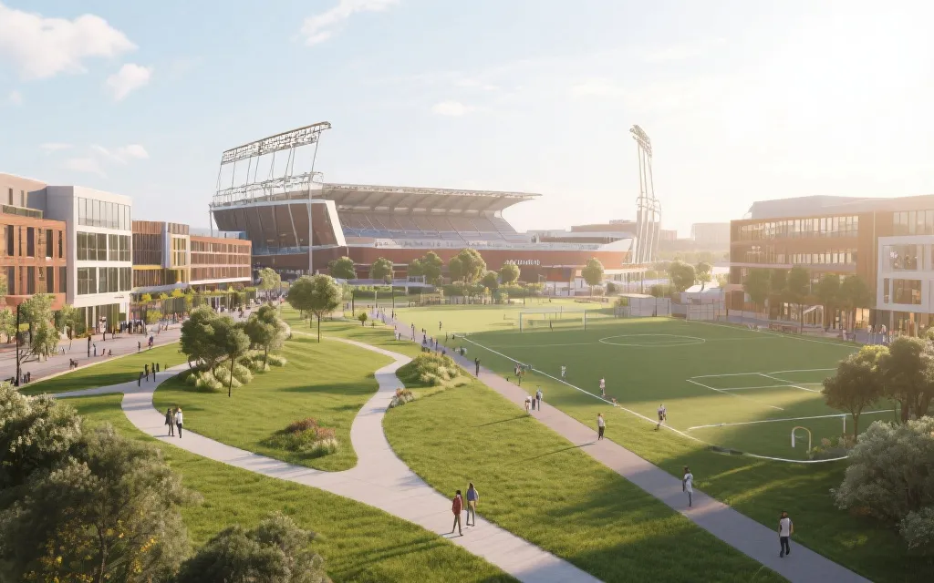 赛后改造为文体公园的场馆周边，包含步道、草坪与商业街区