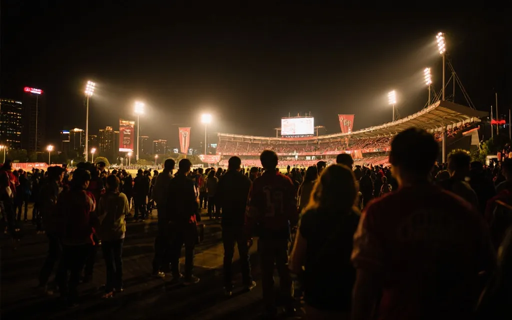 夜晚球场外的人流与城市灯光，观赛前的期待氛围